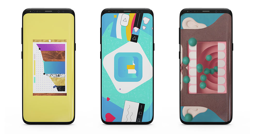 Three mobile phones, side by side, each with colourful graphics and illustration on screen to represent animated software explainers.