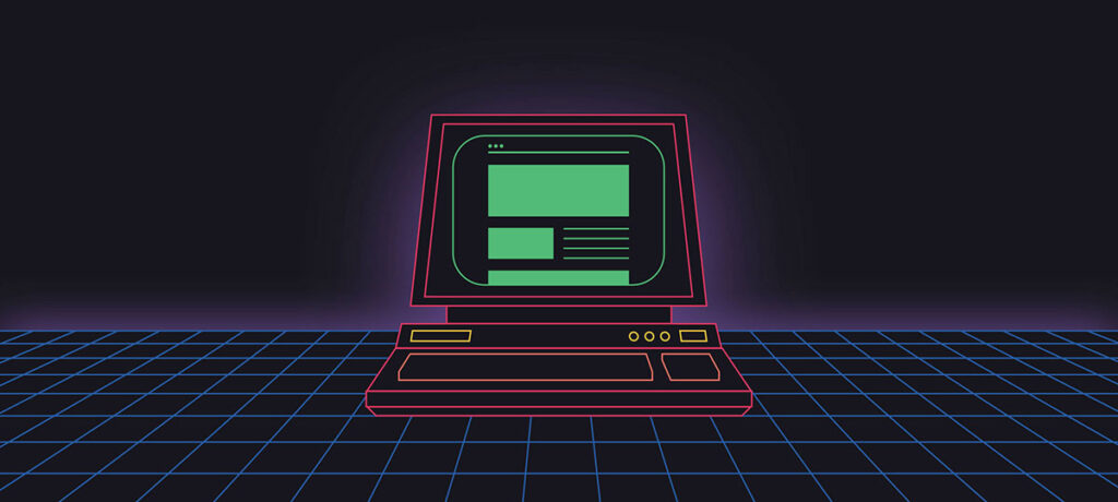 Neon linework illustration of a retro 1980s computer