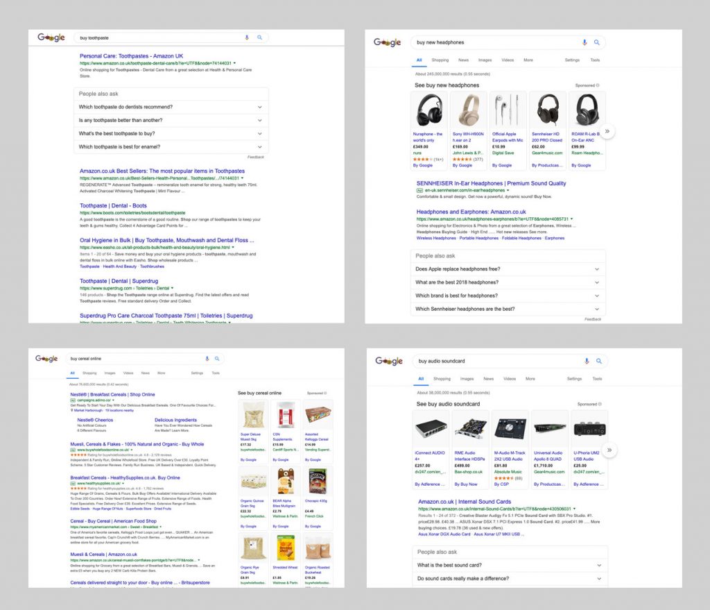 User interface screenshots of Google search result pages.
