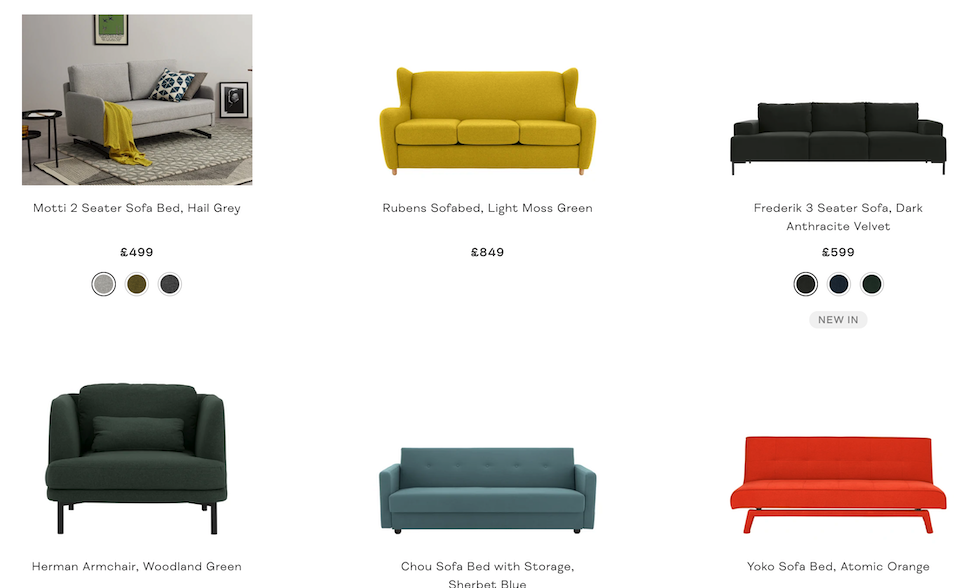 Screenshot of a webpage for an online furniture retailer.  With the cursor hovering over a product photograph, the image has changed to a photograph of the sofa in situ.