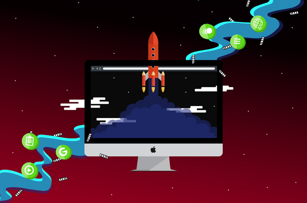 Illustrated graphic of a computer monitor with a rocket flying from it, accompanied by web related iconography