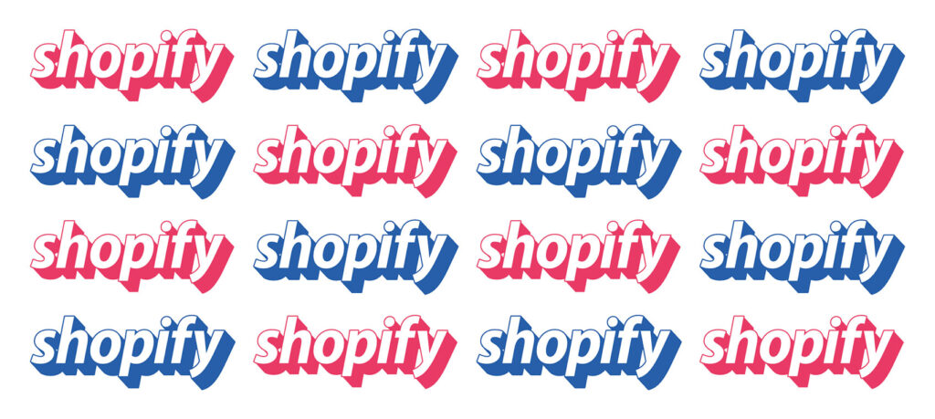 The Shopify brand logo repeated in a tiled pattern, in blue and red