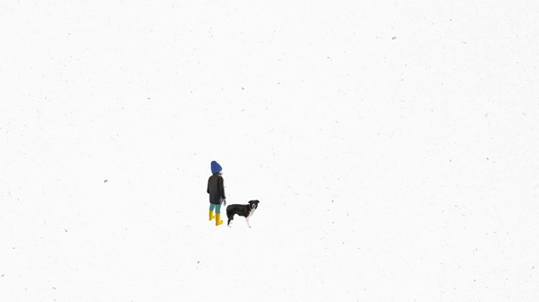 A short animated GIF of an illustrated farmer standing in a field with her dog.