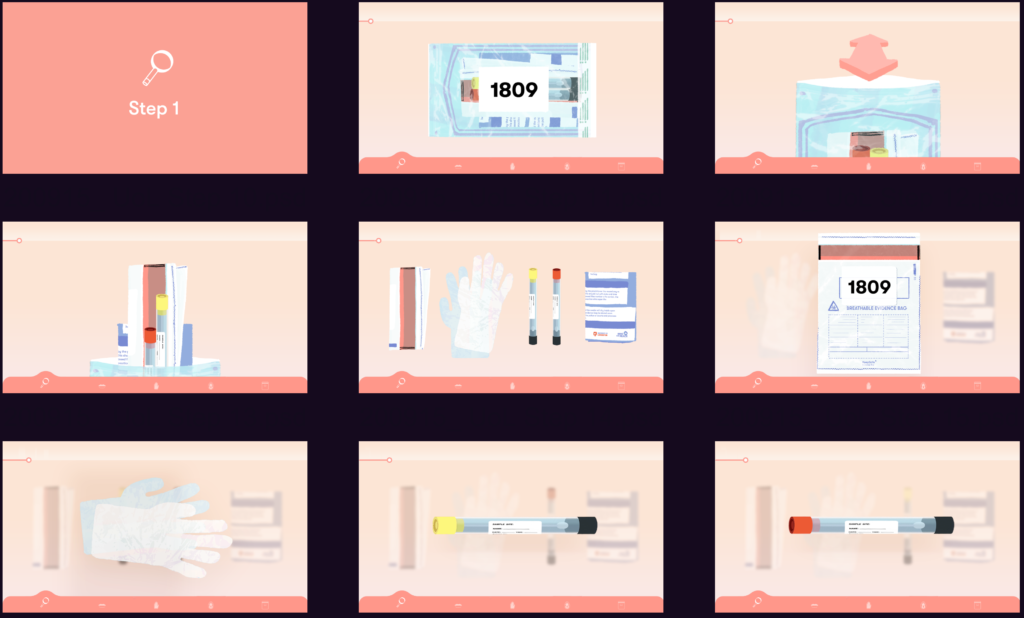 A selection of illustrations showing a scientific test kit - concept frames from an animation.