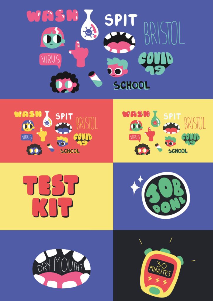 A collection of colourful imagery and typography around covid testing in schools.