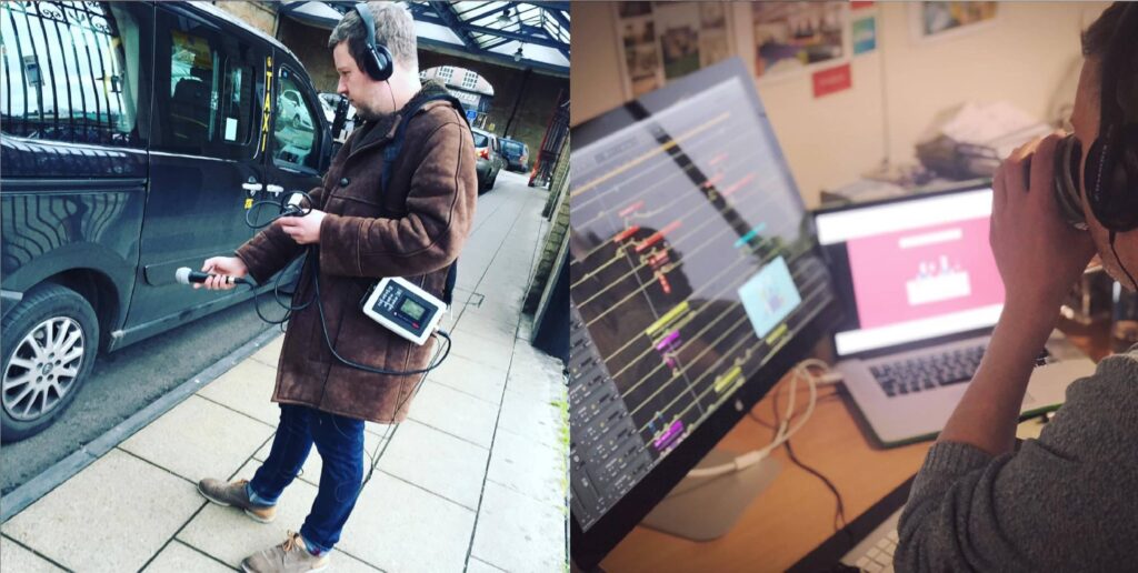 (left) A man by the road capturing traffic sound effects, using a microphone and sound recorder. (right) The same man sits at his computer editing the sounds using audio software.