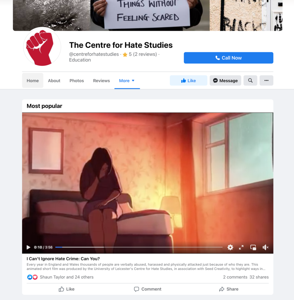 Screenshot from Facebook page of University of Leicester's Centre for Hate Studies, showing how an uploaded video appears on the platform.