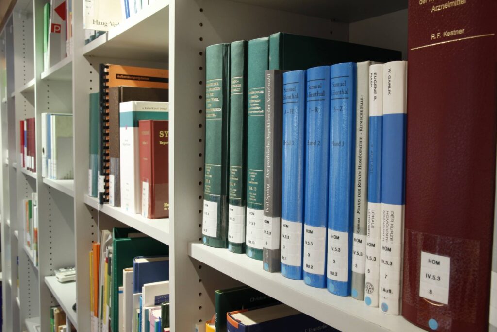 Library shelves displaying academic books