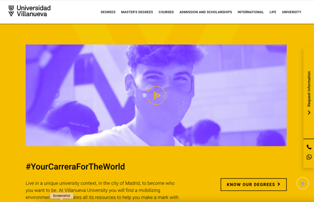 Screenshot of Universidad Villanueve website's striking university campaign branding