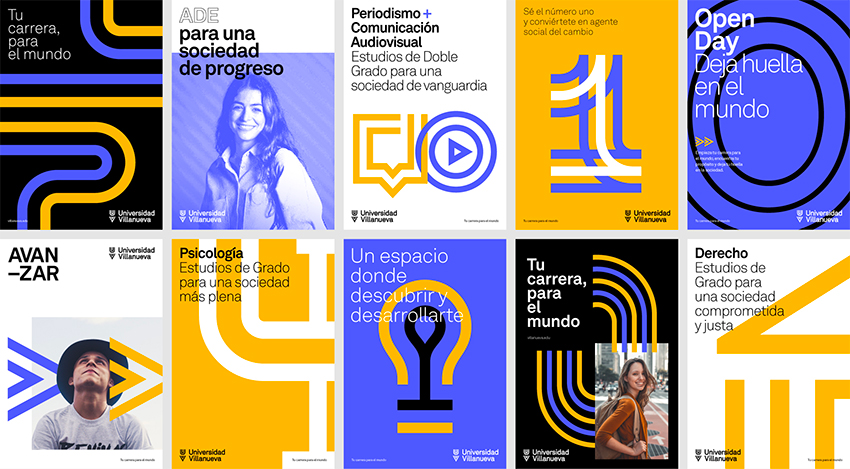 A selection of poster designs featuring Universidad Villanueve's striking university campaign branding